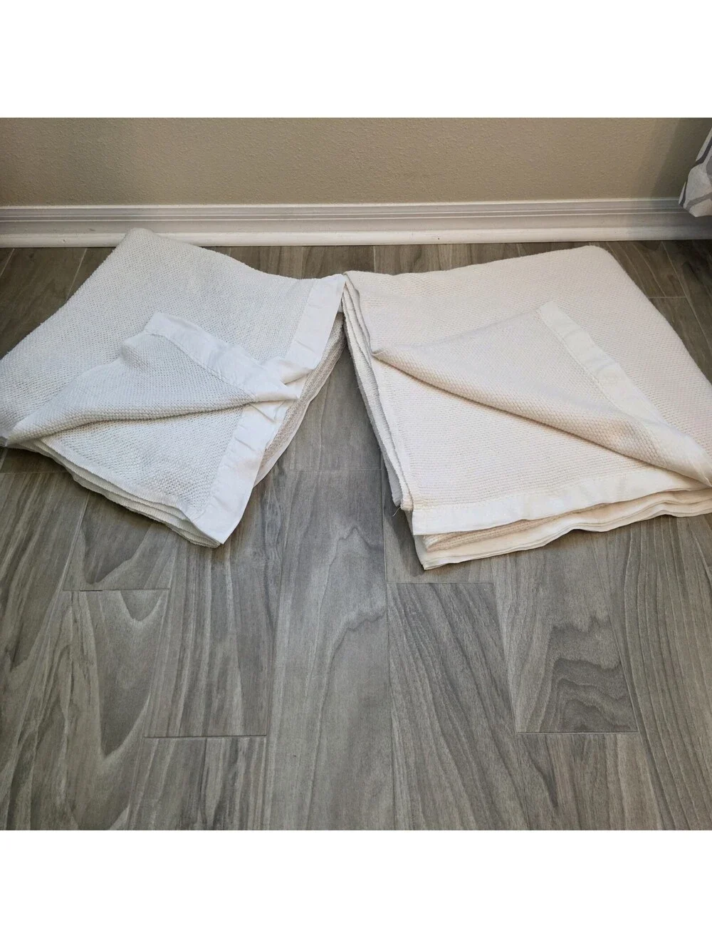 Pair Waffle Weave Blankets Full Queen Satin Trim Cream White Faribo Benton VTG